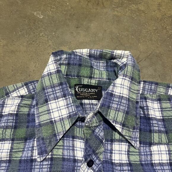 Vintage 70s Tuscany Green/Blue Plaid Cotton Flannel Shirt - Picture 3 of 3